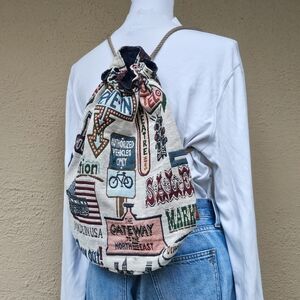 Vintage 90's Drawstring Tapestry Roadtrip Novelty Bucket Backpack